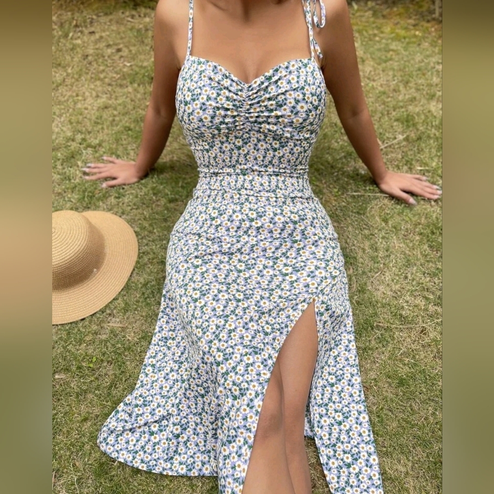 NEW Boho Floral Ruched Midi Summer Dress Cornflower Blue Yellow White Daisy - Picture 5 of 8